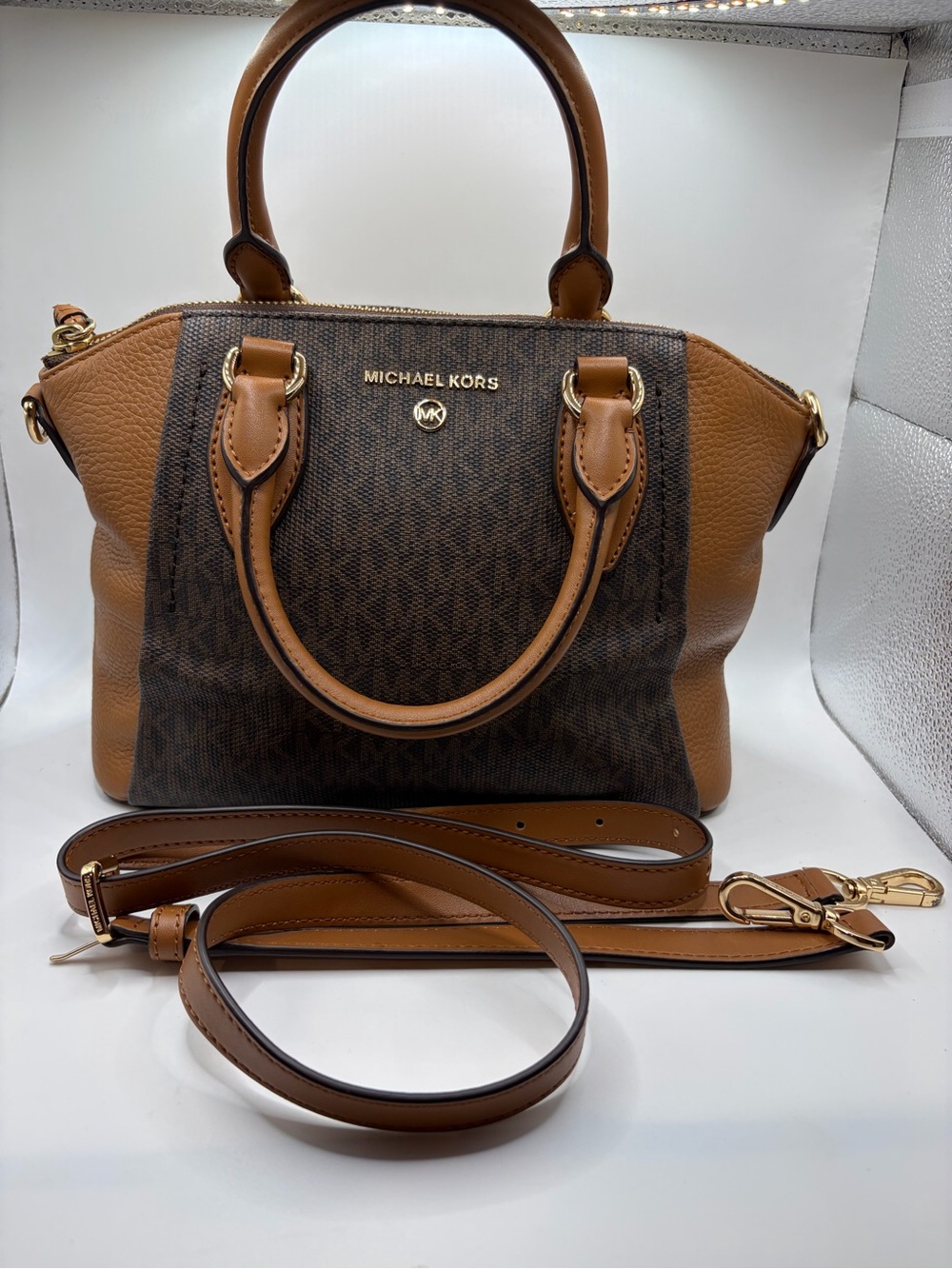 Michael Kors Brown Logo and Tan Leather Satchel with Gold Hardware